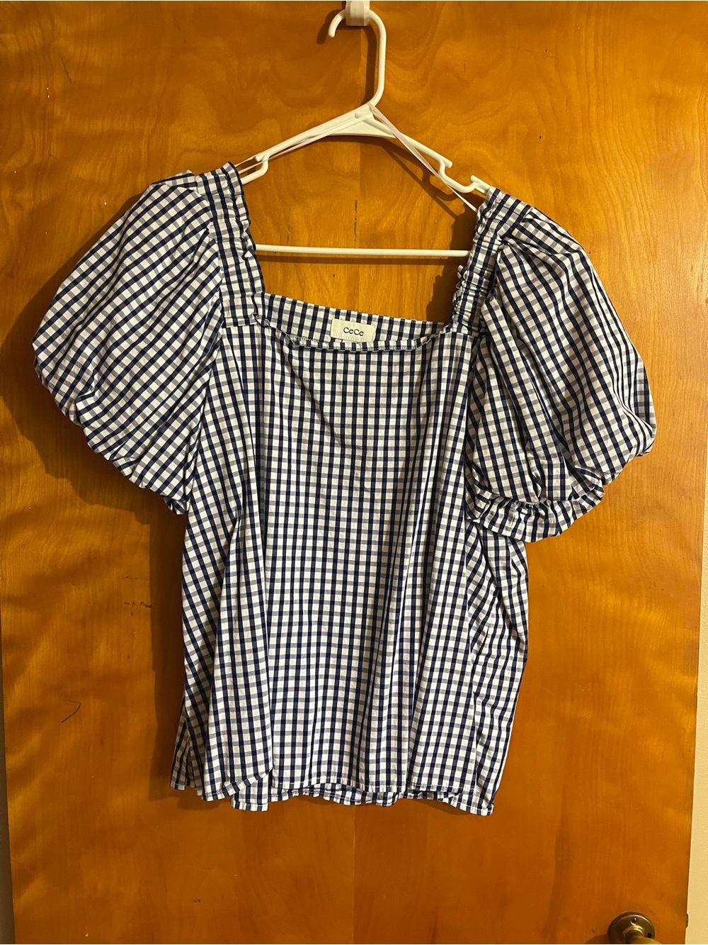 CeCe Blue and White Gingham Puff-Sleeve Square-Neck Top